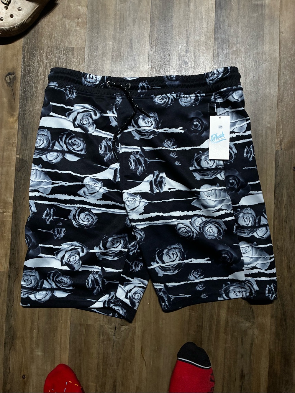 fresh Black & White Rose Stripe Swim Trunks